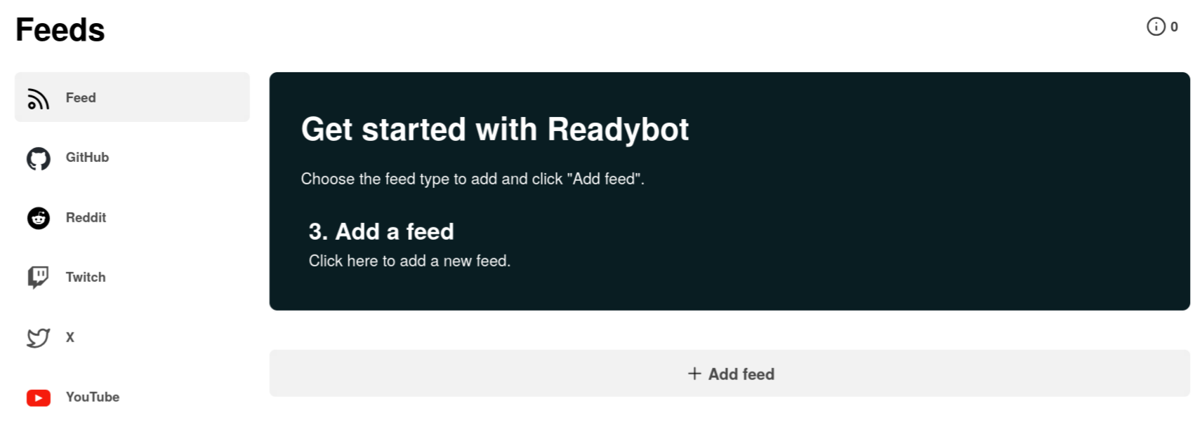 Screenshot of readybot.io prompting the user to add a feed