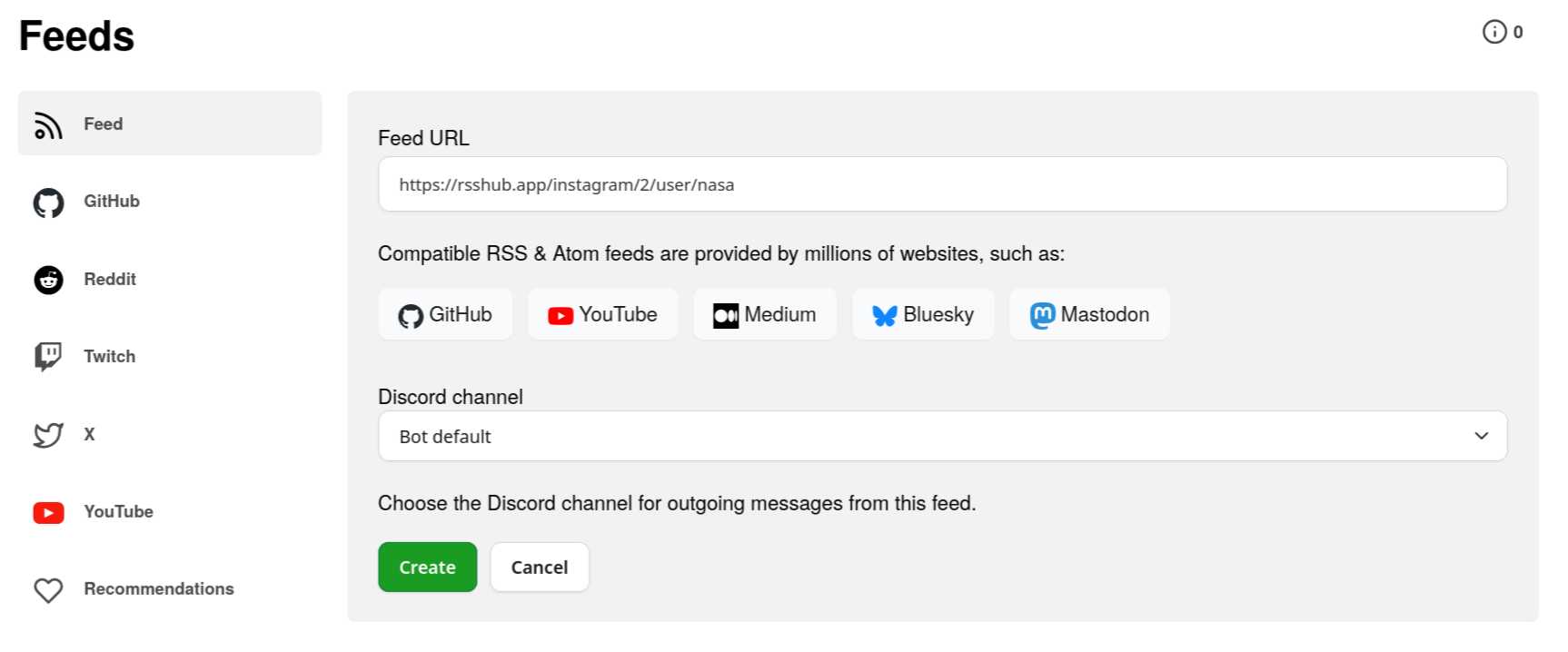 Screenshot of readybot configuration adding the rsshub instagram feed from earlier