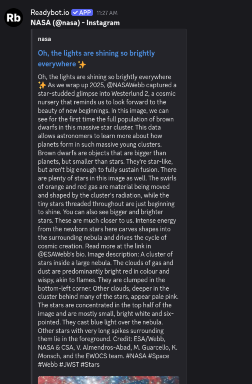 Screenshot of an Instagram post from NASA shared into discord via Readybot
