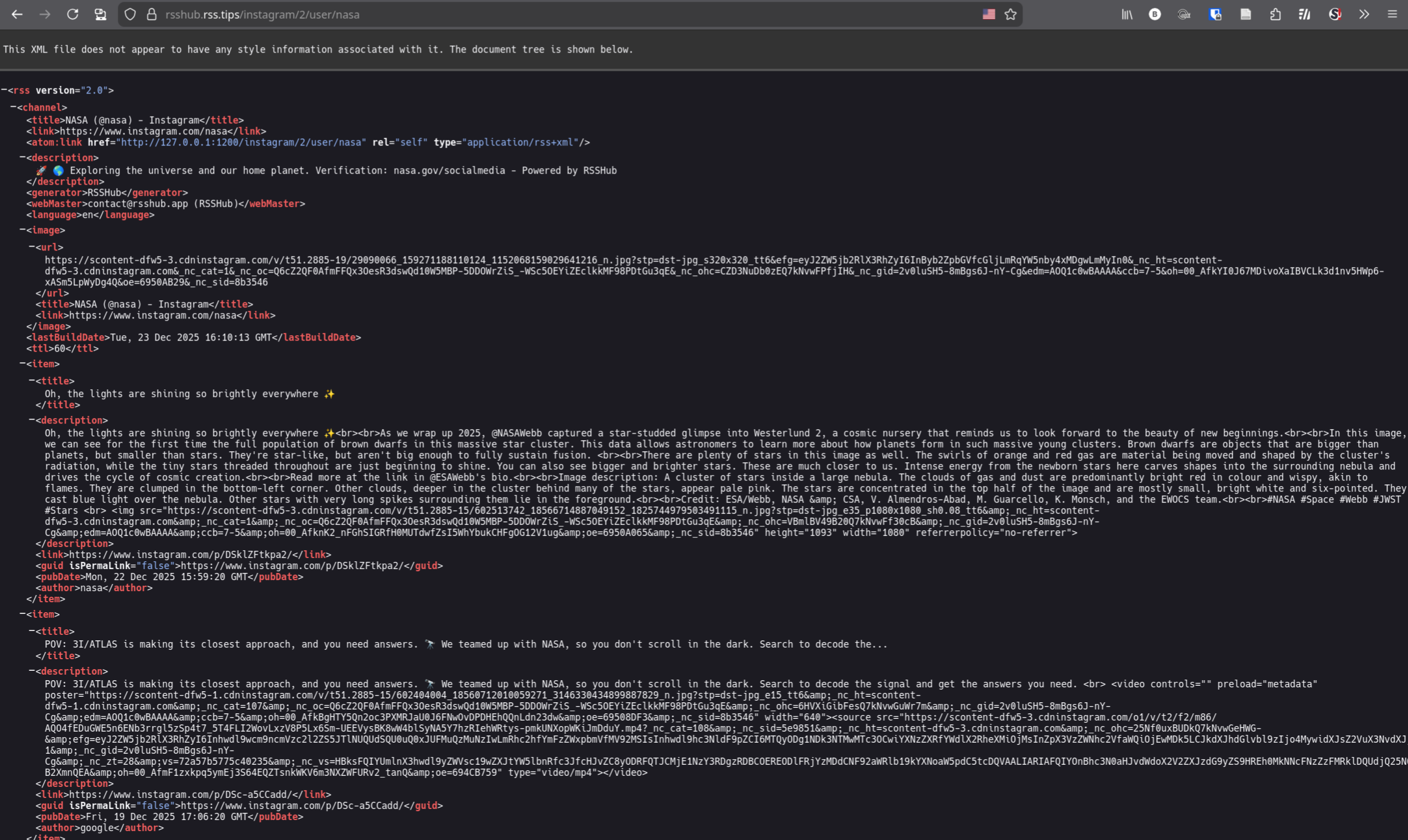 Screenshot of the preview of the RSS feed for the Nasa instagram account