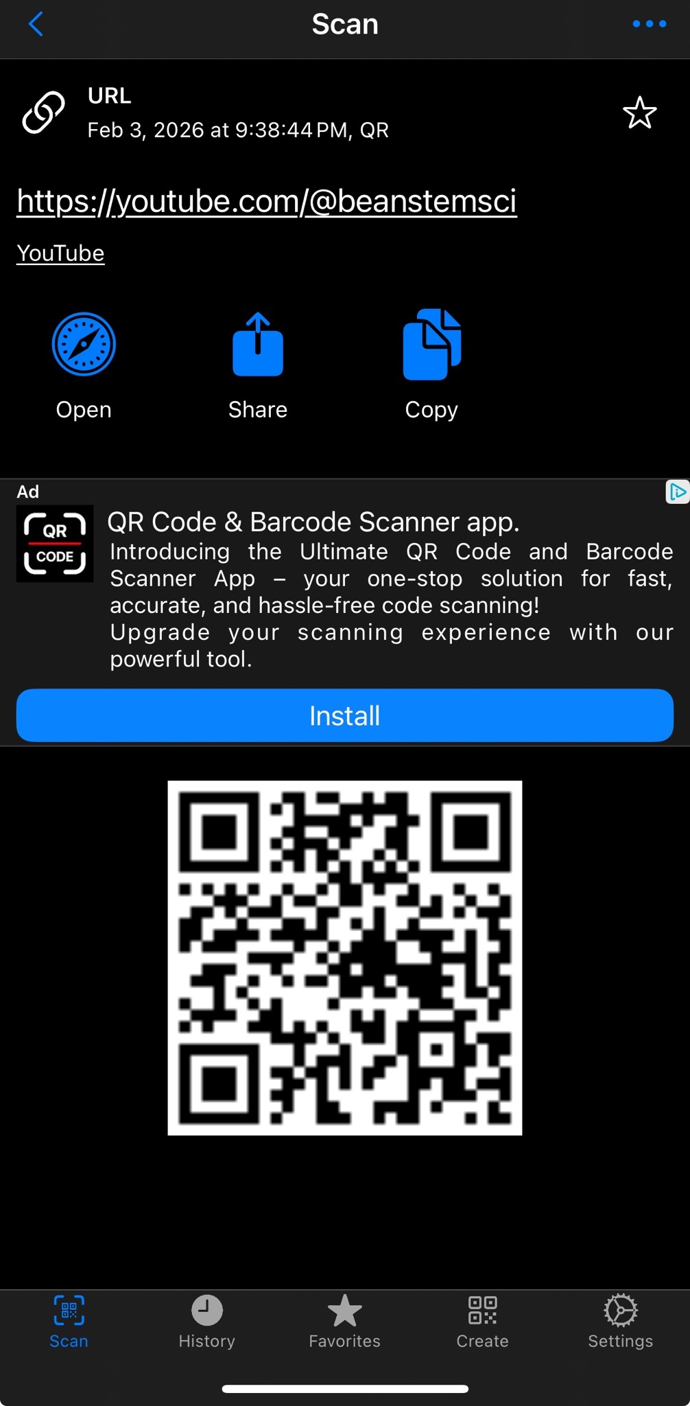 Screenshot of Gamma Play's QR code scanner on iOS previewing a link: https://youtube.com/@beanstemsci